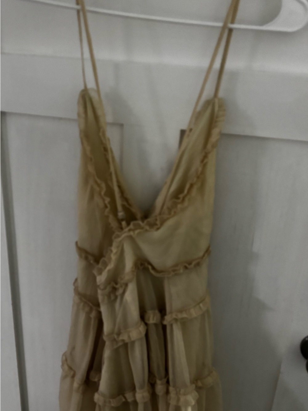 Sheer Ruffled Spaghetti Strap Dress - Beige - Picture 3 of 4
